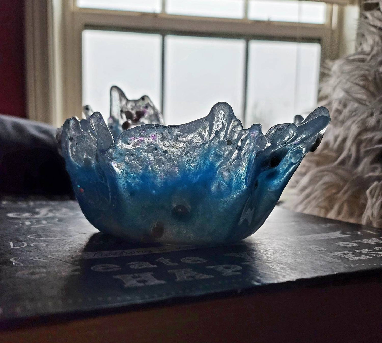 Free Form Glow in the Dark Ocean Splash Resin Bowl with Seashells and Real Sand