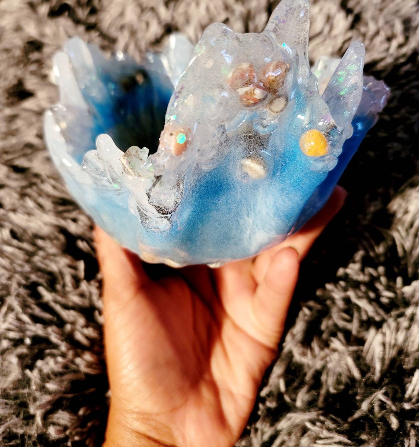 Free Form Glow in the Dark Ocean Splash Resin Bowl with Seashells and Real Sand