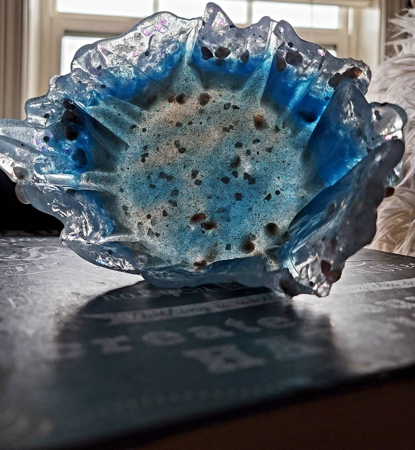 Free Form Glow in the Dark Ocean Splash Resin Bowl with Seashells and Real Sand