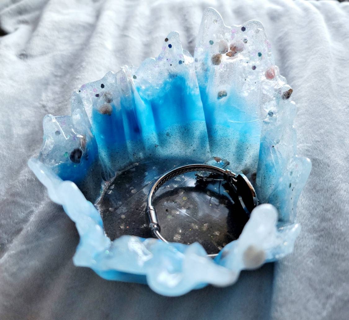 Free Form Glow in the Dark Ocean Splash Resin Bowl with Seashells and Real Sand